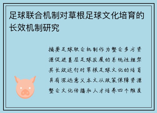 足球联合机制对草根足球文化培育的长效机制研究