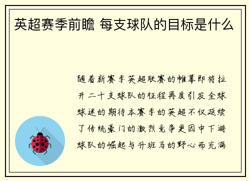 英超赛季前瞻 每支球队的目标是什么