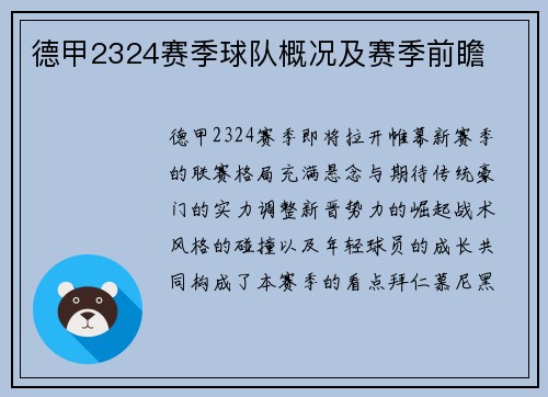 德甲2324赛季球队概况及赛季前瞻