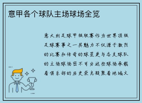 意甲各个球队主场球场全览