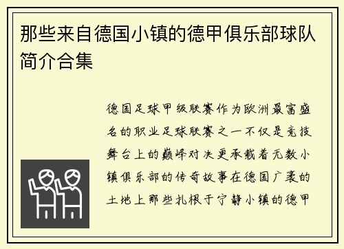 那些来自德国小镇的德甲俱乐部球队简介合集